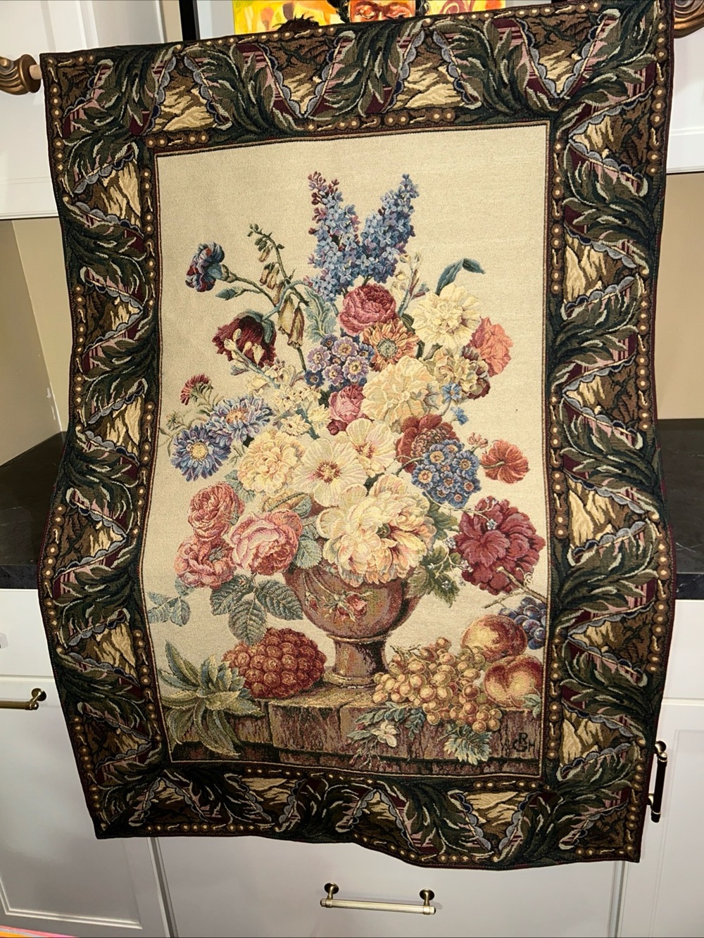 Vintage French Tapestry Floral Bouquet Pictorial Wall Decor Hanging 34” X 50”